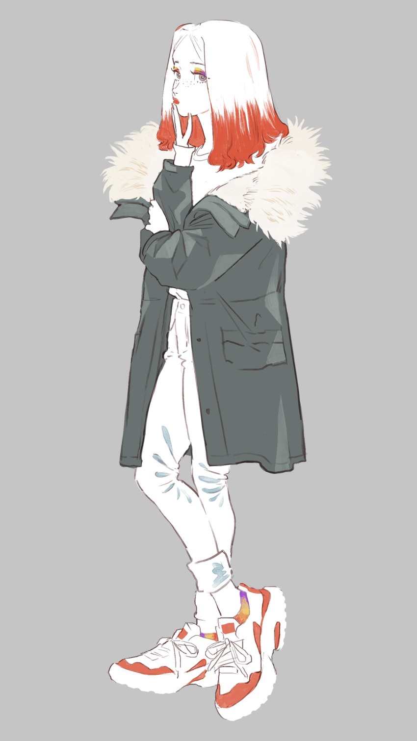 1girl, absurdres, eyeshadow, freckles, full_body, grey_background, grey_eyes, grey_jacket, hand_up, highres, jacket, lipstick, long_hair, long_sleeves, looking_at_viewer, makeup, mu_mashu, multicolored_hair, original, pants, red_lipstick, redhead, shirt, shirt_tucked_in, shoes, simple_background, solo, standing, two-tone_hair, white_hair, white_pants, white_shirt