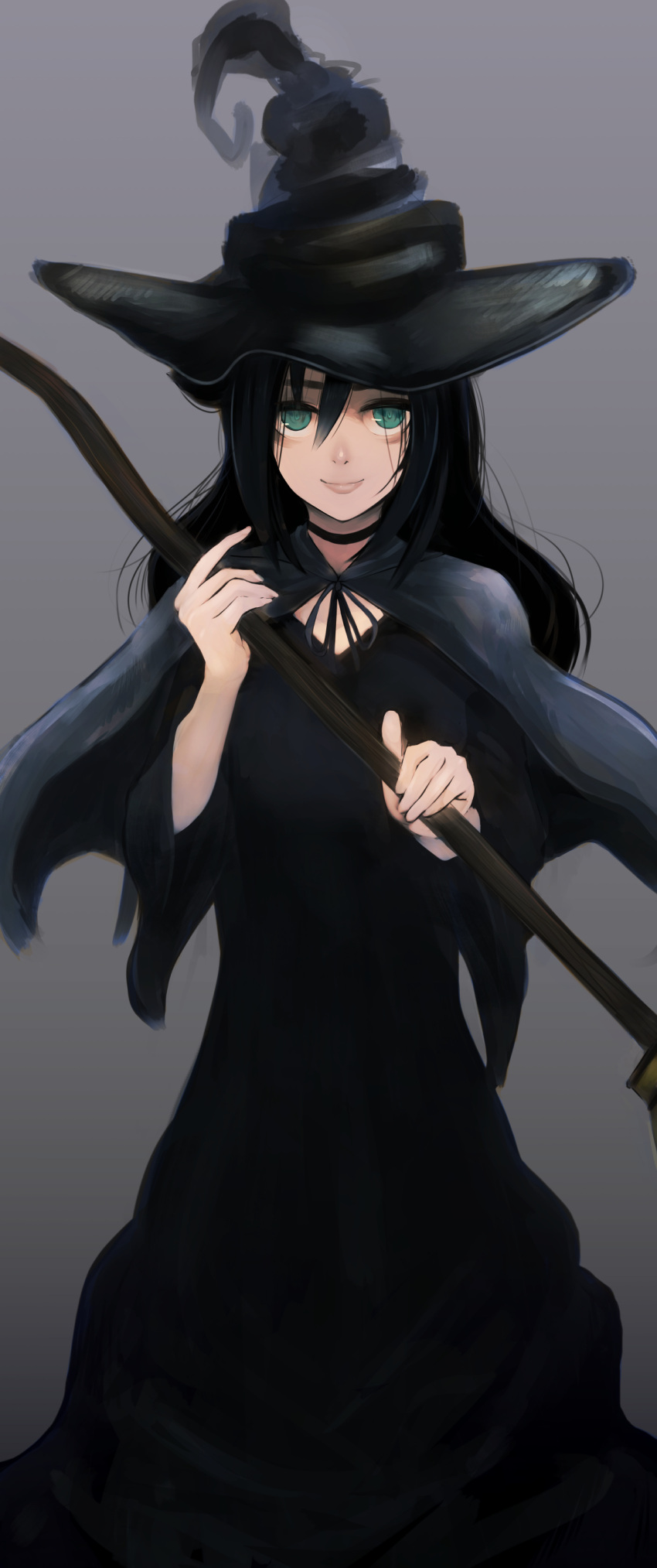1girl, absurdres, bags_under_eyes, bangs, black_capelet, black_choker, black_dress, black_hair