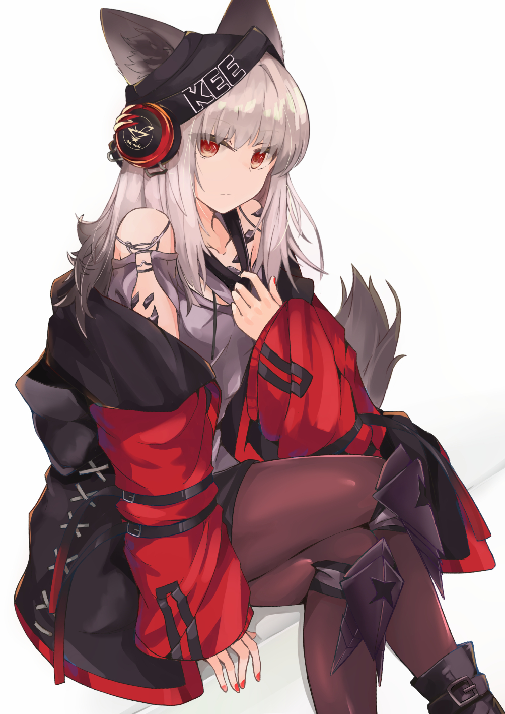 1girl, akasabi, animal_ears, arknights, bangs, bare_shoulders, black_headwear, breasts, crossed_legs, feet_out_of_frame, fox_ears, frostleaf_(arknights), grey_shirt, hat, headphones, highres, jacket, knee_pads, long_hair, nail_polish, off_shoulder, open_clothes, open_jacket, oripathy_lesion_(arknights), pantyhose, red_eyes, red_jacket, red_nails, shirt, silver_hair, sitting, solo, tail