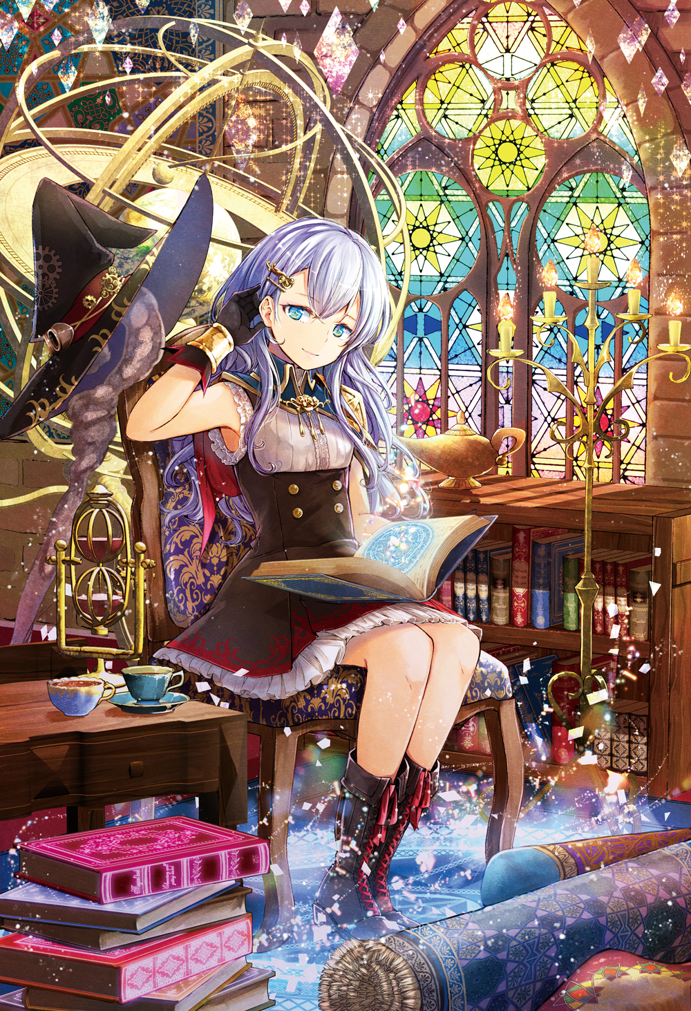 1girl, black_dress, black_gloves, blouse, blue_capelet, blue_eyes, book, bookshelf