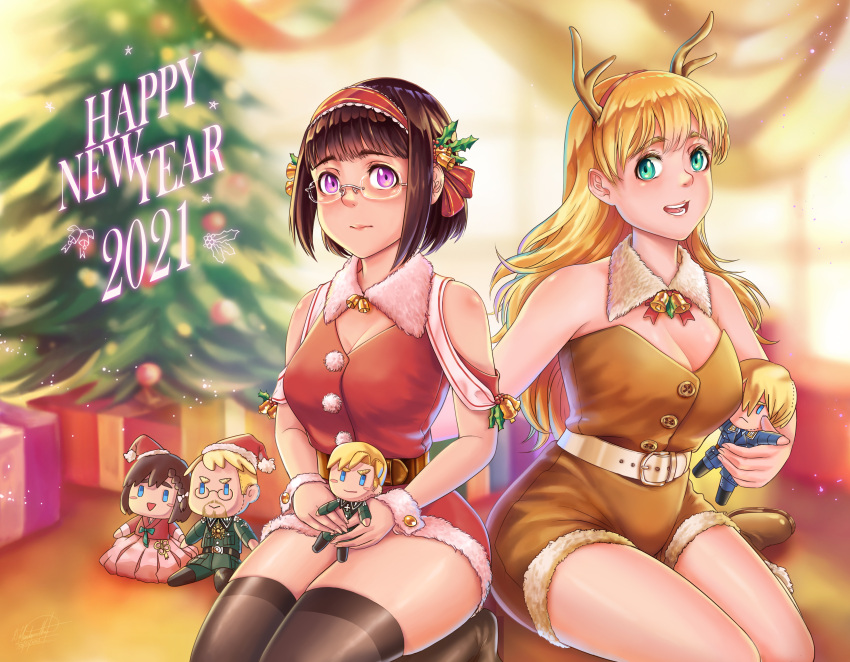 2021, 2girls, absurdres, anh_thuy, animal_costume, antlers, bell, bell_collar