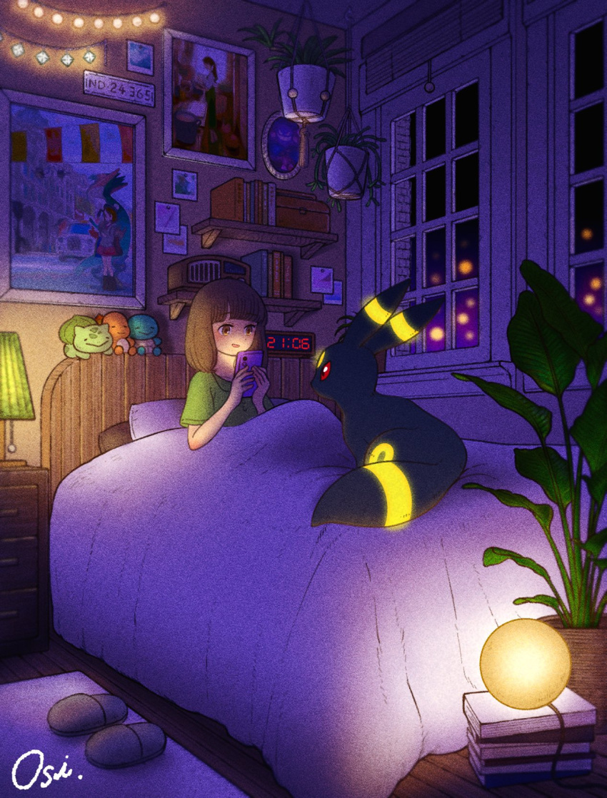 1girl, alarm_clock, annotated, artist_name, bangs, bedroom, blunt_bangs, bob_cut