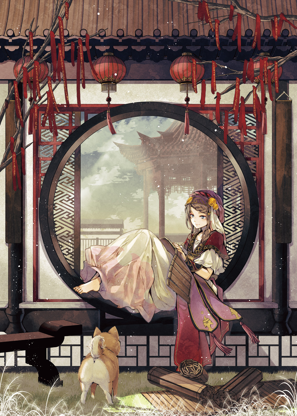 1girl, architecture, bamboo_scroll, barefoot, bench, blue_eyes, braid, brown_hair