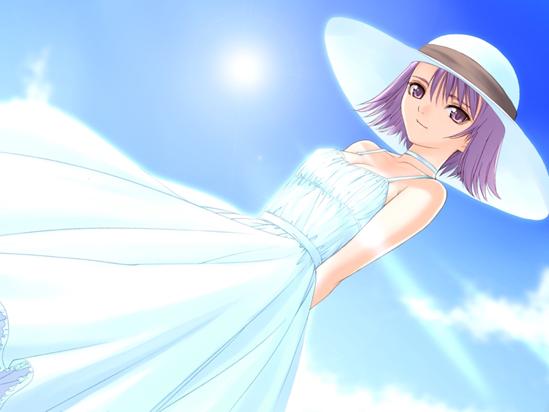 after_sweet_kiss, choker, collar_bone, dress, dutch_angle, game_cg, hat, kishi_youko, purple_eyes, purple_hair, sundress, taka_tony, violet_eyes