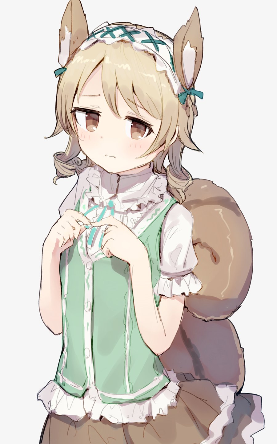 1girl, 3:, animal_ear_fluff, animal_ears, brown_eyes, brown_skirt, commentary, extra_ears