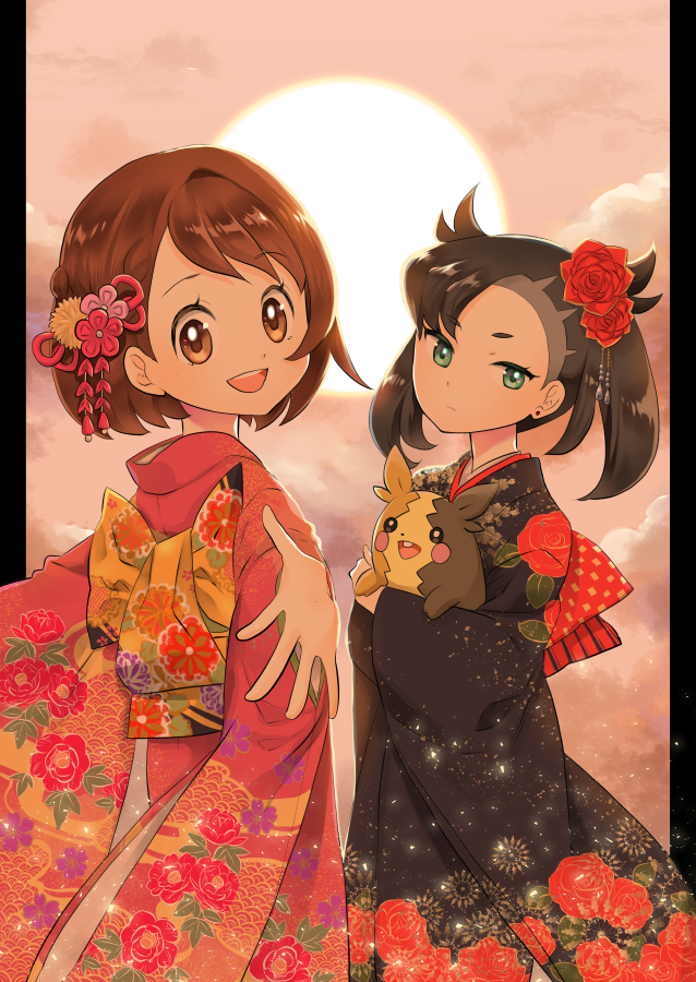 2girls, alternate_costume, asymmetrical_bangs, back_bow, bangs, black_hair, black_kimono, bob_cut, bow, brown_eyes, brown_hair, clouds, earrings, floral_print, flower, from_behind, gen_8_pokemon, gloria_(pokemon), green_eyes, hair_flower, hair_ornament, japanese_clothes, jewelry, kimono, looking_at_viewer, looking_back, marnie_(pokemon), morisawa_machi, morpeko, multiple_girls, obi, open_mouth, pink_flower, pink_kimono, pokemon, pokemon_(game), pokemon_swsh, print_kimono, reaching_out, red_flower, sash, short_hair, smile, undercut, upper_body
