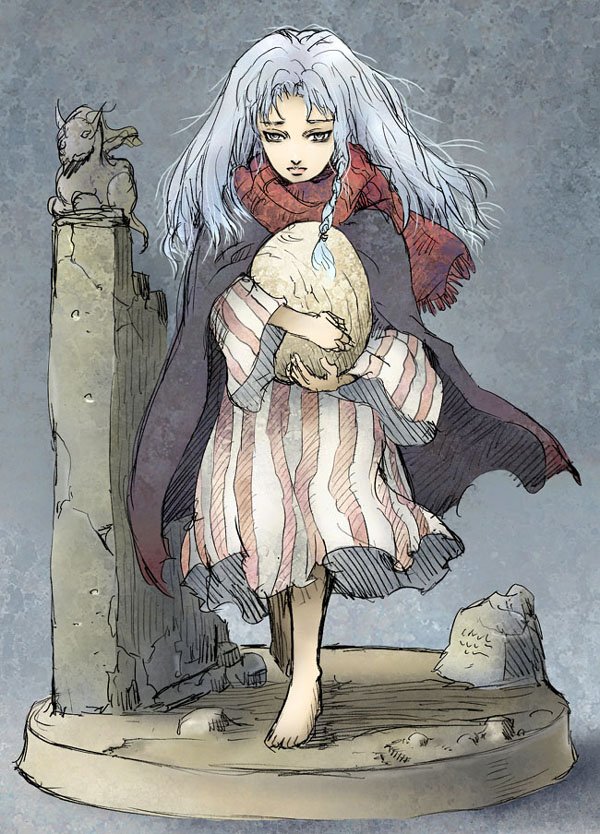 1girl, braid, cape, closed_eyes, danboru_inu, dress, egg, faux_figurine, girl_(tenshi_no_tamago), long_hair, object_hug, solo, tenshi_no_tamago_(anime), white_hair