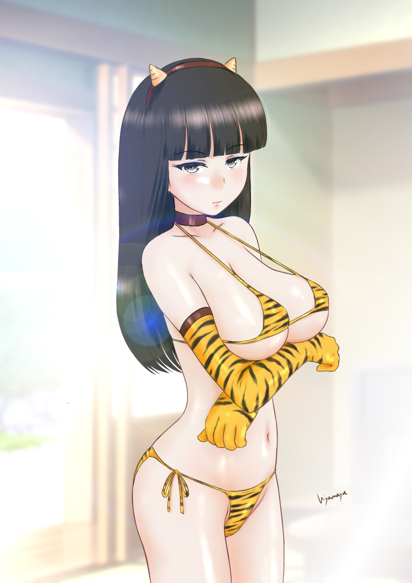 1girl, absurdres, animal_print, artist_name, backlighting, bangs, bikini, black_choker, black_eyes, black_hair, blunt_bangs, breast_hold, breasts, choker, closed_mouth, commentary_request, cosplay, cowboy_shot, crossed_arms, elbow_gloves, eyebrows_visible_through_hair, fake_horns, girls_und_panzer, gloves, half-closed_eyes, highres, horns, indoors, large_breasts, lens_flare, light_frown, long_hair, looking_at_viewer, lum, lum_(cosplay), makeup, mascara, navel, nishizumi_shiho, oni_horns, print_bikini, print_gloves, shouji, side-tie_bikini, signature, sliding_doors, solo, standing, straight_hair, swimsuit, tiger_print, tiger_stripes, urusei_yatsura, wee259hiyama, window, yellow_bikini, yellow_gloves