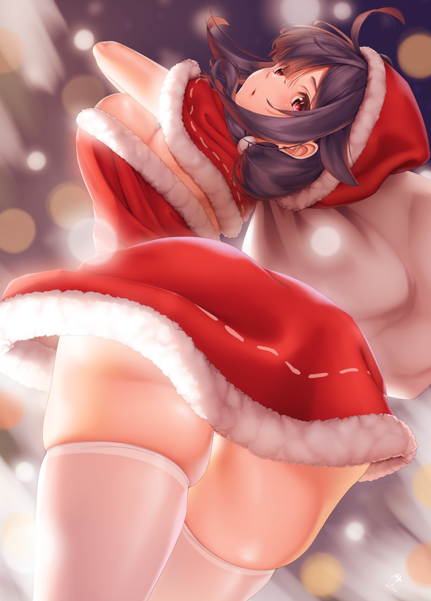 1girl, ahoge, ass, blush, breasts, christmas, closed_mouth, dress
