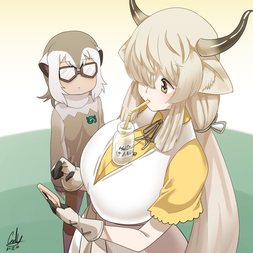 2girls, :|, absurdres, animal_ears, arms_at_sides, bangs, bendy_straw, black_horns