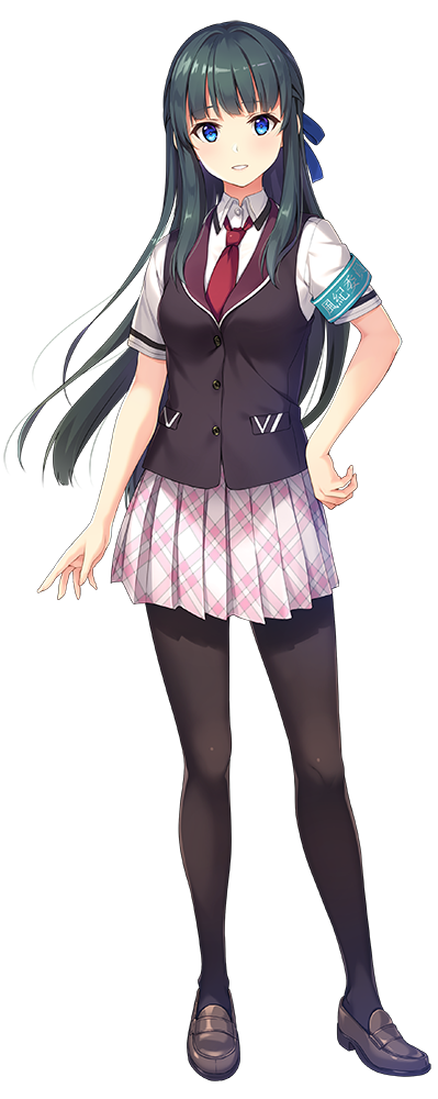 1girl, armband, bangs, black_legwear, blue_eyes, brown_footwear, full_body, green_hair, hayami_shizuno, hibikino-san-chi_wa_eroge-ya-san!, loafers, long_hair, looking_at_viewer, necktie, official_art, pantyhose, parted_lips, plaid, plaid_skirt, pleated_skirt, red_neck, shoes, short_sleeves, skirt, solo, thigh-highs, transparent_background, unasaka_ryou, vest