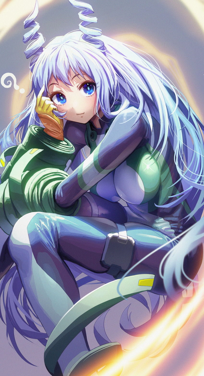 1girl, ?, absurdres, blue_eyes, blue_hair, bodysuit, boku_no_hero_academia, breasts, closed_mouth, commentary_request, drill_hair, gibagiba, gloves, green_bodysuit, hadou_nejire, hair_horns, highres, large_breasts, light_blue_hair, long_hair, long_sleeves, looking_at_viewer, smile, solo, twin_drills, very_long_hair, yellow_gloves
