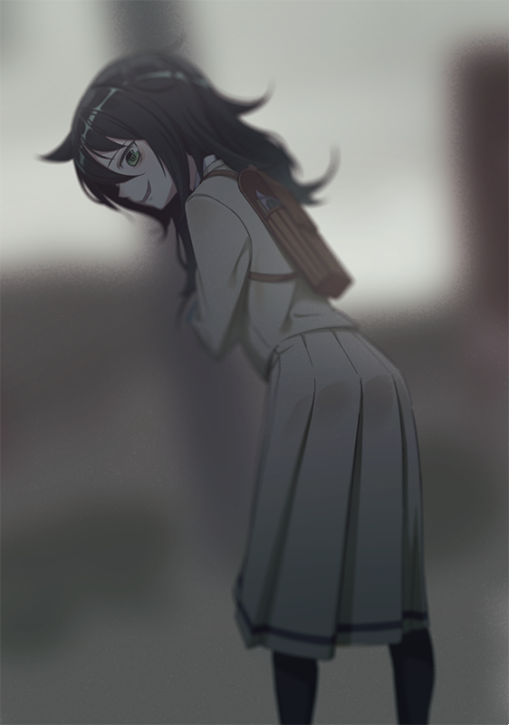 1girl, backpack, bag, bangs, black_hair, black_legwear, blurry, blurry_background
