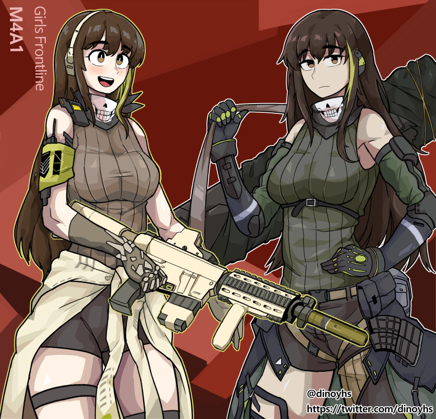 2girls, absurdres, bangs, breasts, brown_hair, detached_sleeves, dinoyhs, dual_persona