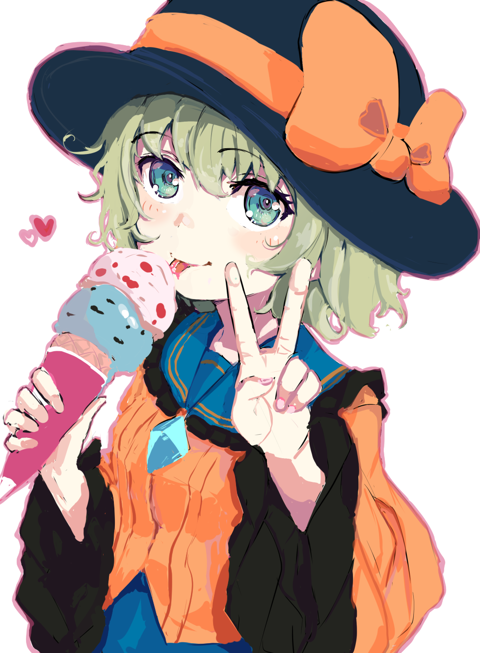 1girl, :p, aqua_eyes, bangs, black_headwear, blouse, blue_skirt, blush