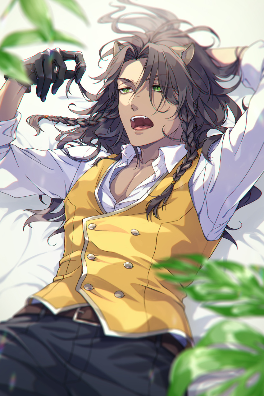 1boy, animal_ears, bangs, braid, brown_hair, dark_skin, dark_skinned_male, gloves