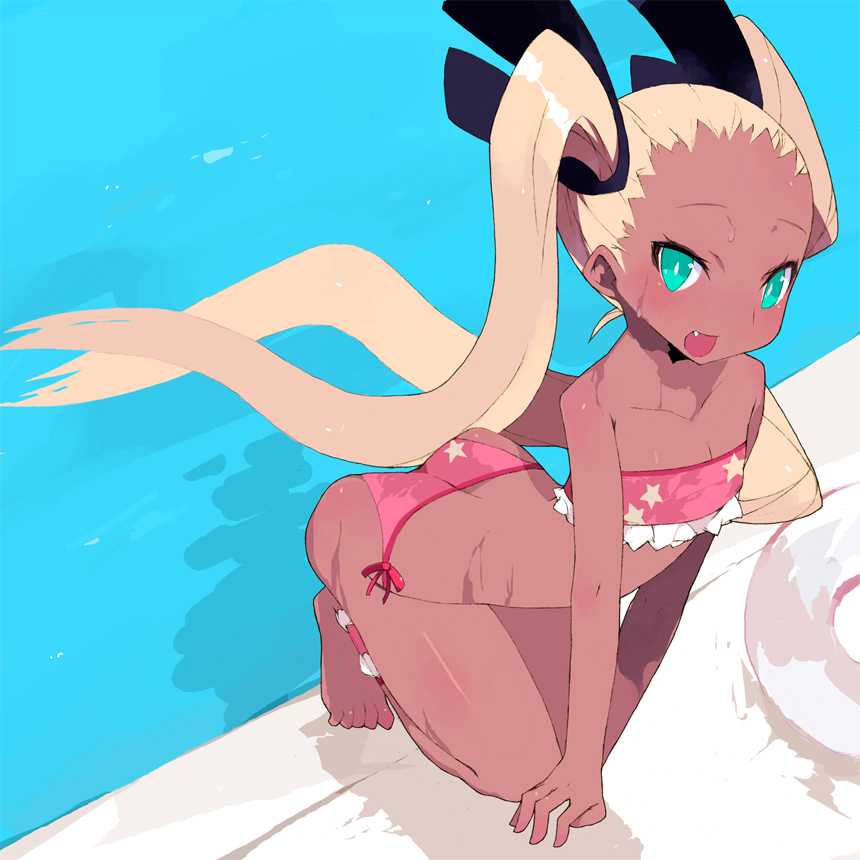 bikini, brws, dark_skin, flat_chest, pigtails, swimsuit, twintails, water