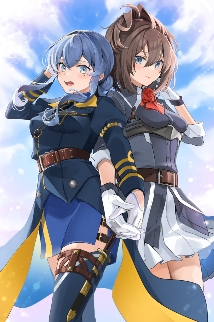 2girls, absurdres, ascot, belt, belt_buckle, black_neckwear, blue_eyes, blue_hair