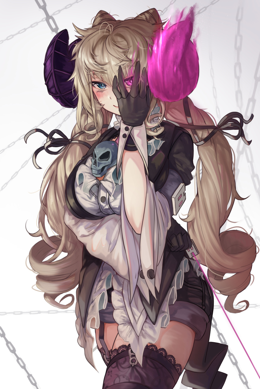 1girl, absurdres, arm_under_breasts, bangs, black_shorts, blonde_hair, blue_eyes, blush