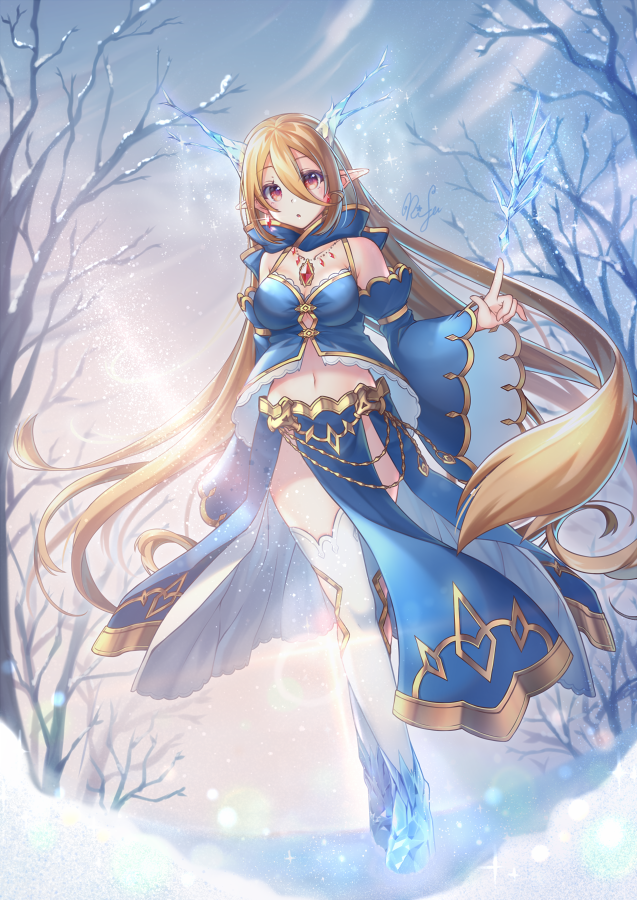 1girl, bangs, bare_tree, blonde_hair, blue_dress, blue_shirt, blue_sleeves, blush, breasts, clouds, commentary_request, crop_top, day, detached_sleeves, dress, earrings, eyebrows_visible_through_hair, full_body, gem, horns, ice, ice_horns, index_finger_raised, jewelry, long_hair, looking_at_viewer, magic, medium_breasts, midriff, navel, necklace, open_mouth, original, outdoors, pelvic_curtain, pointy_ears, red_eyes, rifu_skr, shirt, sky, snow, snowing, solo, sparkle, standing, thigh-highs, tree, very_long_hair, walking, white_legwear, winter