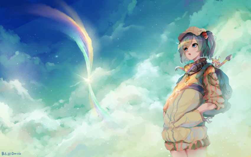 1girl, alternate_color, alternate_costume, aqua_sky, artist_name, backpack, bag, bangs, beige_headwear, beige_jacket, blizzomos, blue_bag, blue_hair, blue_sky, burner, clouds, cloudy_sky, colorful, commentary, cowboy_shot, english_commentary, flat_cap, glowing, goggles, goggles_around_neck, hair_bobbles, hair_ornament, hammer, hands_in_pockets, hat, highres, jacket, jumpsuit, kappa, kawashiro_nitori, key, light_blush, light_particles, light_rays, long_sleeves, looking_to_the_side, nozzle, open_mouth, outdoors, pocket, scenery, shiny, shiny_hair, short_hair, short_twintails, shorts, sidelocks, sky, sleeves_pushed_up, solo, standing, star_(sky), star_(symbol), starry_sky, striped, striped_headwear, surreal, swept_bangs, tools, touhou, twintails, upper_teeth, vertical-striped_headwear, vertical_stripes, wrench