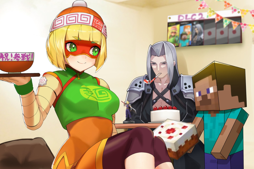 1girl, 2boys, amiibo, armor, arms_(game), bangs, beanie, block