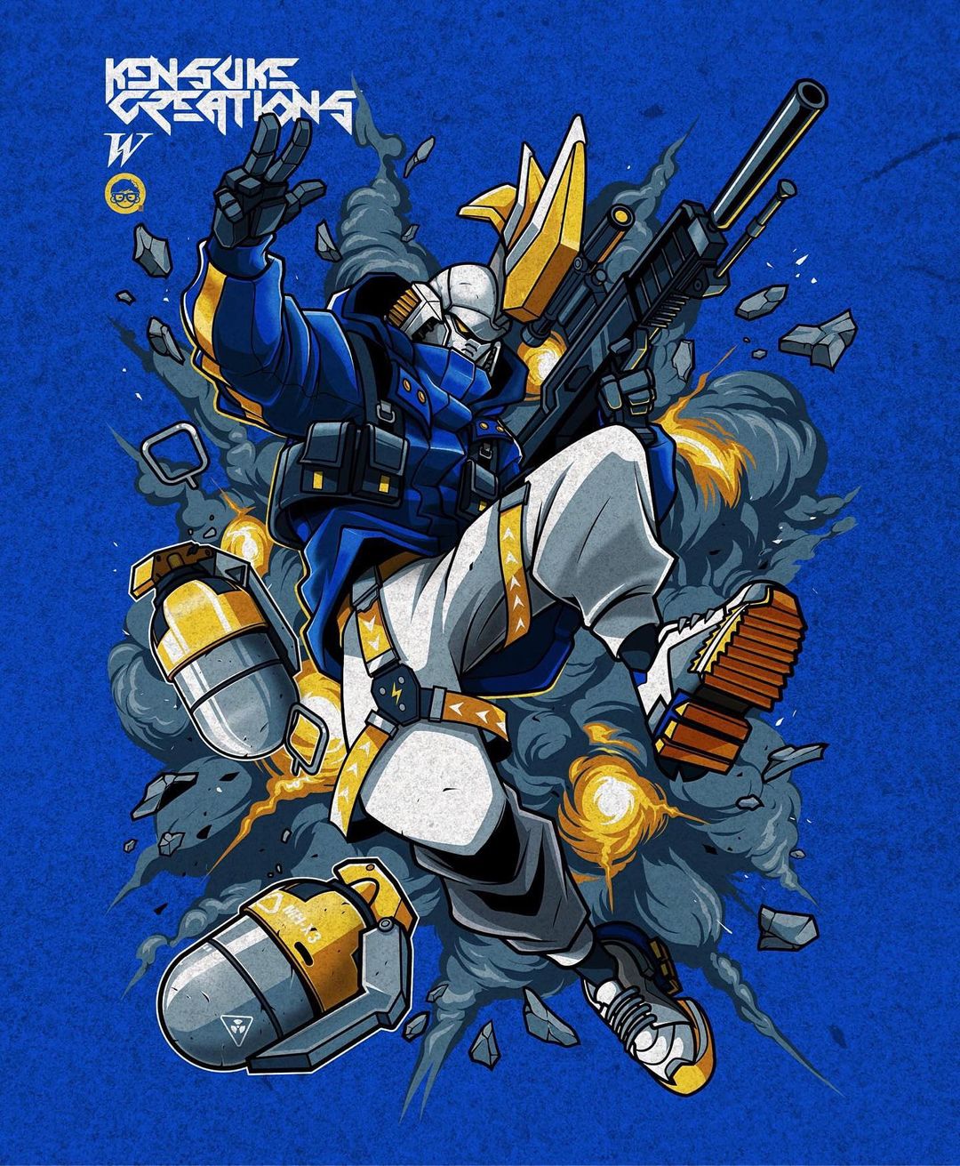 artist_name, blue_background, blue_jacket, explosion, explosive, fashion, grenade, gun