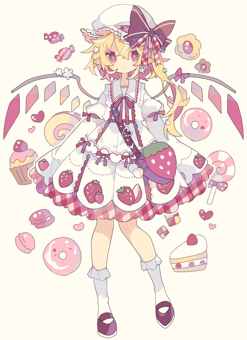 1girl, adapted_costume, bag, beige_background, blonde_hair, blush, bobby_socks, bow