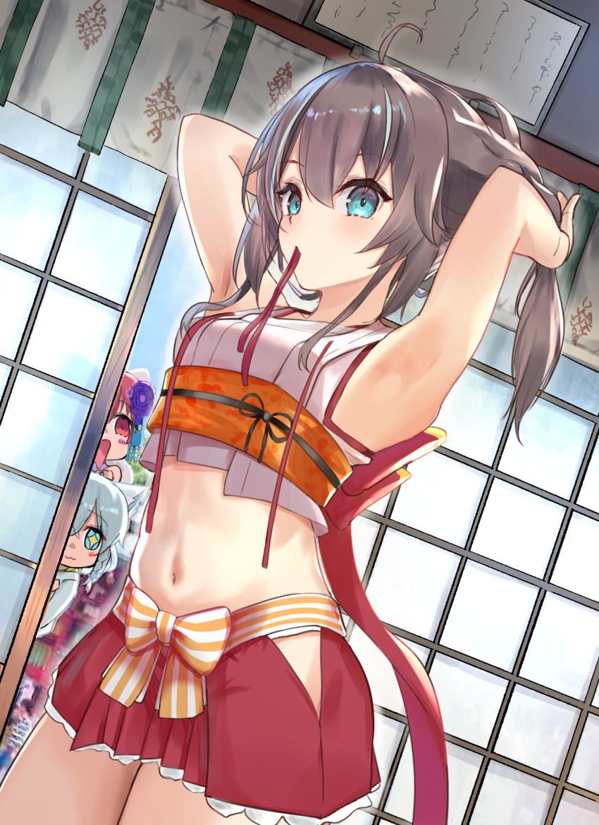 3girls, :3, :d, animal_ears, armpits, blue_eyes, bow, brown_hair