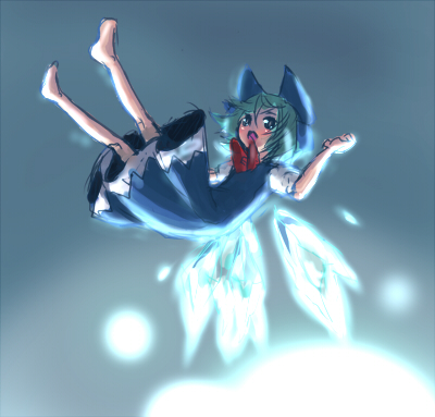 aiu, bad_id, barefoot, bow, cirno, lowres, sketch, solo