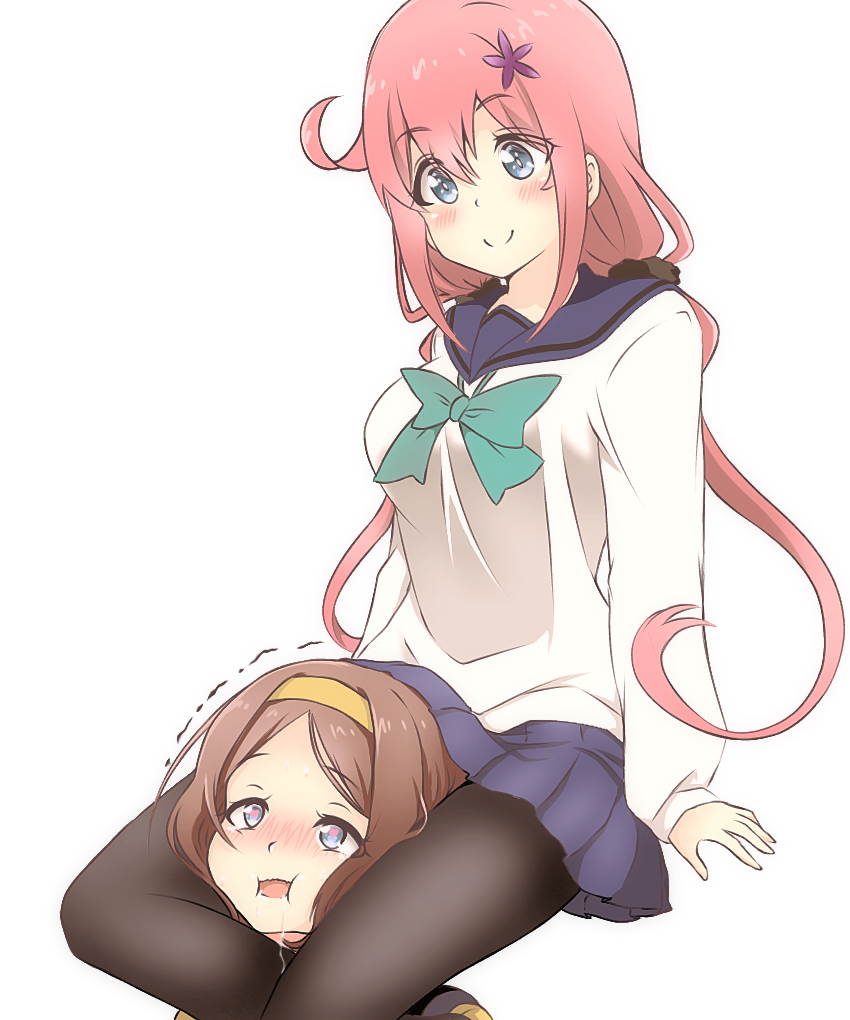 2girls, black_legwear, blue_eyes, blush, bow, breasts, brown_hair, commentary