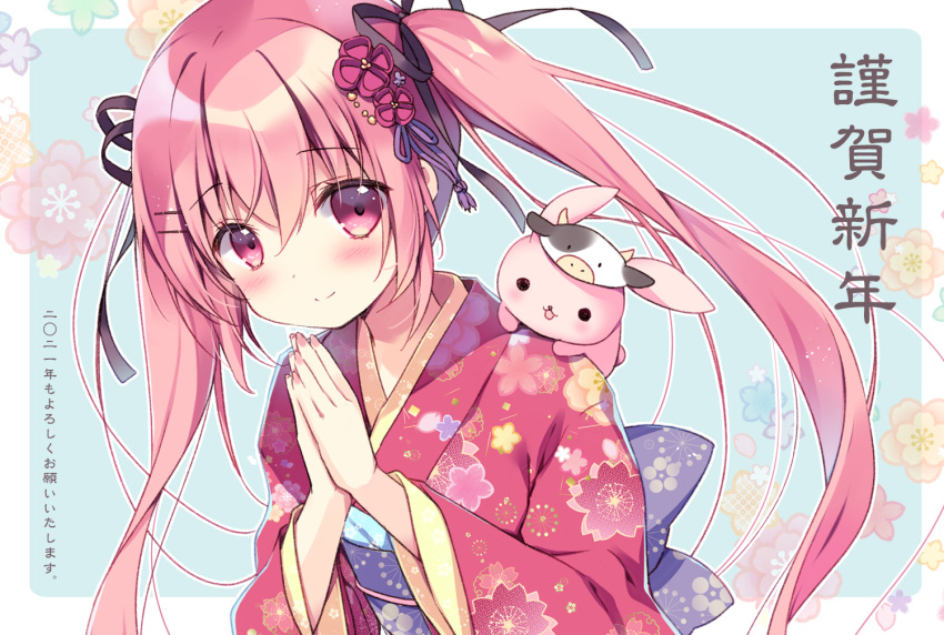 1girl, animal_on_shoulder, bangs, blue_background, blush, chinese_zodiac, closed_mouth, commentary_request