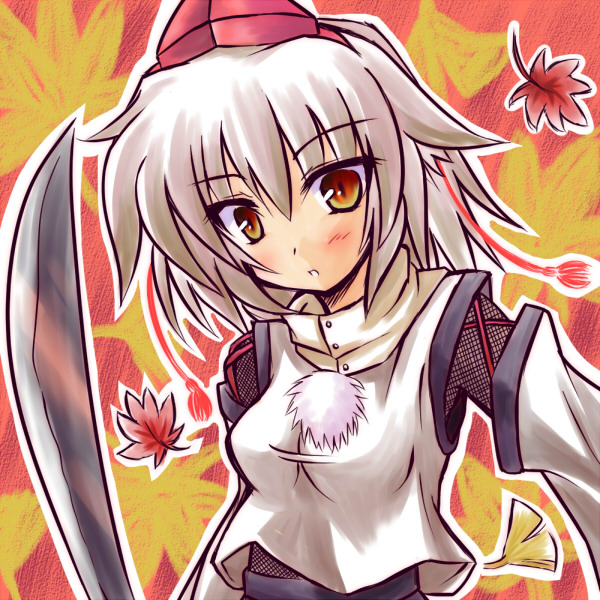 detached_sleeves, fishnets, hat, inubashiri_momiji, leaf, orange_eyes, sazetsu, short_hair