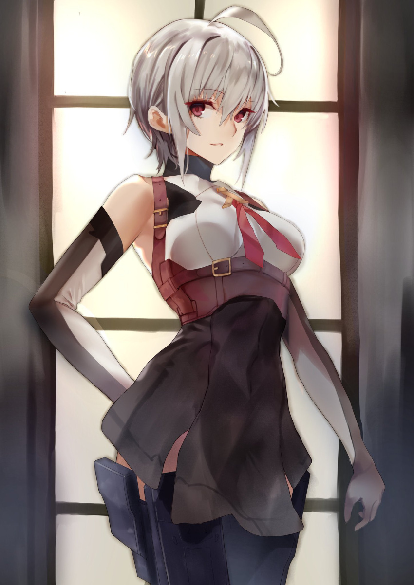 1girl, black_skirt, breasts, elbow_gloves, gloves, grey_gloves, hair_between_eyes, hand_on_hip