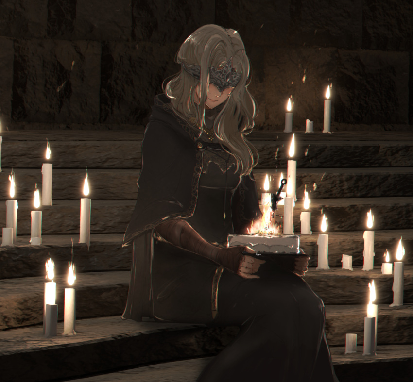 1girl, black_dress, blender_(medium), blindfold, blonde_hair, bonfire, bonfire_(dark_souls), breasts