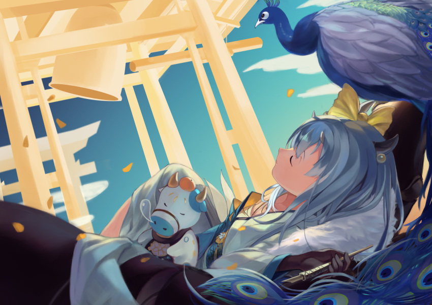 1girl, 2021, absurdres, azur_lane, bird, black_gloves, blue_hair, blue_sky