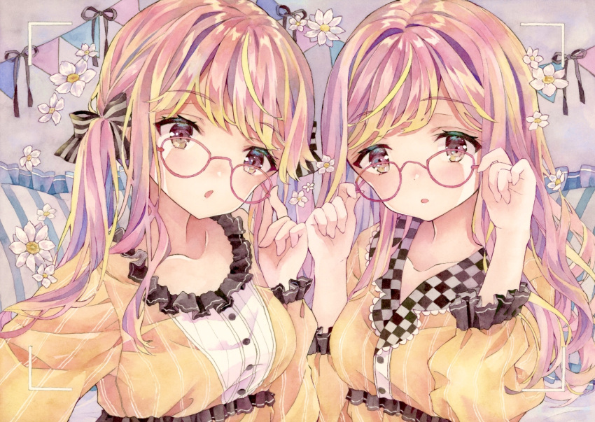 2girls, adjusting_eyewear, buttons, checkered, collarbone, flower, frilled_sleeves, frills