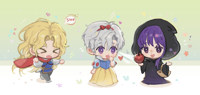 >_<, >o<, 1boy, 2girls, :d, apple, basket, black_cloak