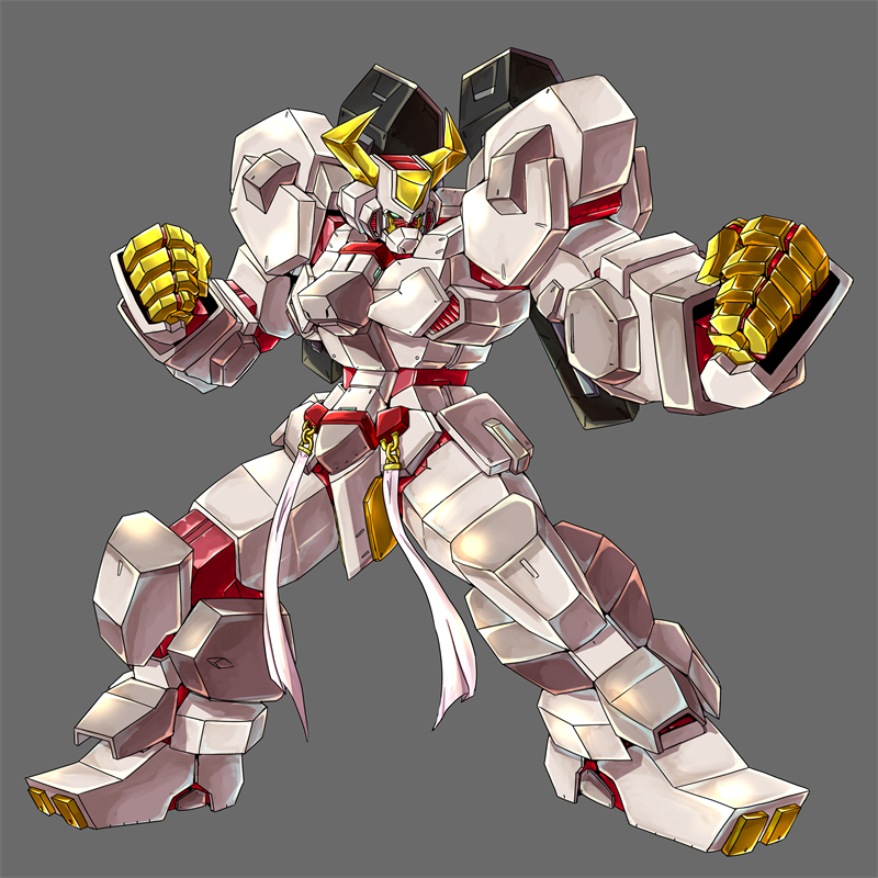 chinese_zodiac, clenched_hands, daigouzi, fighting_stance, green_eyes, grey_background, horns, mecha, no_humans, original, science_fiction, solo, year_of_the_ox