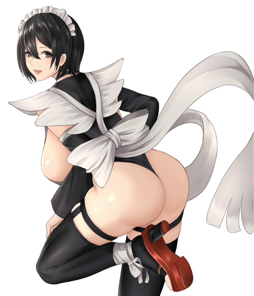 1girl, ass, back, bangs, black_hair, black_legwear, black_leotard, bow