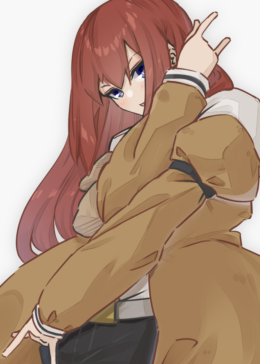 1girl, \m/, bangs, belt, blue_eyes, blush, brown_hair, brown_jacket, hair_between_eyes, highres, jacket, long_hair, looking_at_viewer, makise_kurisu, neo_(tyottama), open_mouth, pose, simple_background, solo, steins;gate, white_background