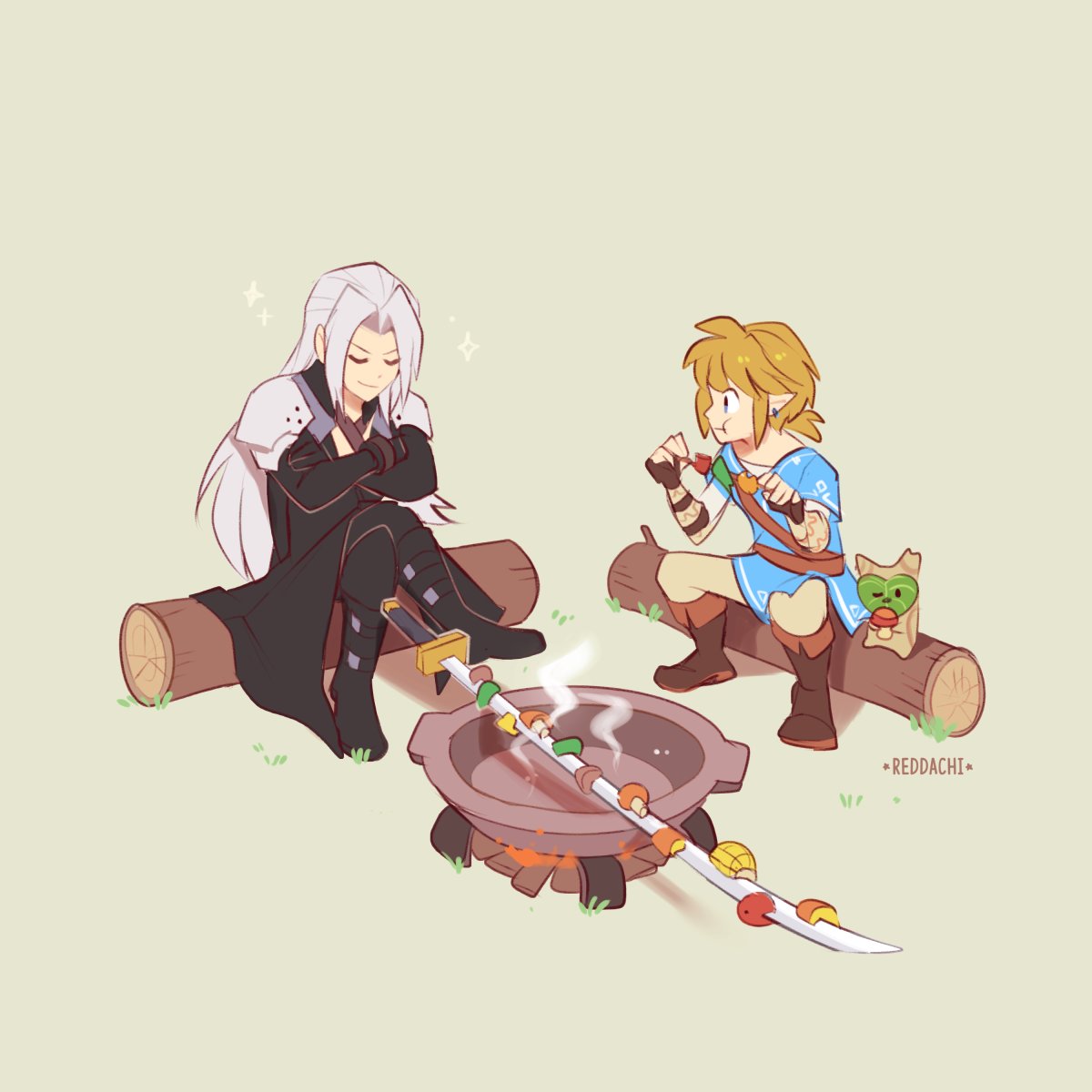 2boys, armor, blonde_hair, boots, closed_eyes, cooking, crossed_arms, crossover