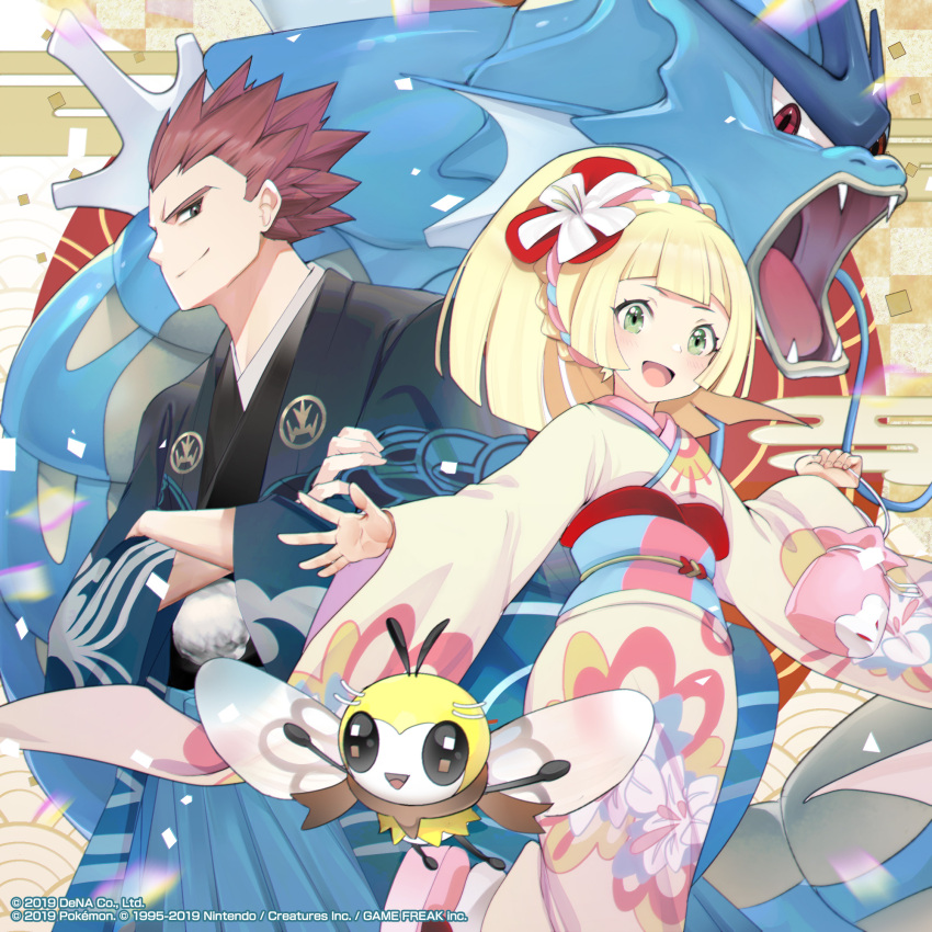1boy, 1girl, blonde_hair, blue_skirt, blush, closed_mouth, commentary_request, crossed_arms, eyelashes, floral_print, gen_1_pokemon, gen_7_pokemon, green_eyes, gyarados, hair_ornament, highres, holding, japanese_clothes, kimono, lance_(pokemon), lillie_(pokemon), long_hair, looking_at_viewer, official_art, open_mouth, outstretched_arms, pleated_skirt, pokemon, pokemon_(creature), pokemon_(game), pokemon_masters_ex, pouch, redhead, ribombee, sash, skirt, smile, spiky_hair, tongue, watermark, wide_sleeves, yellow_kimono