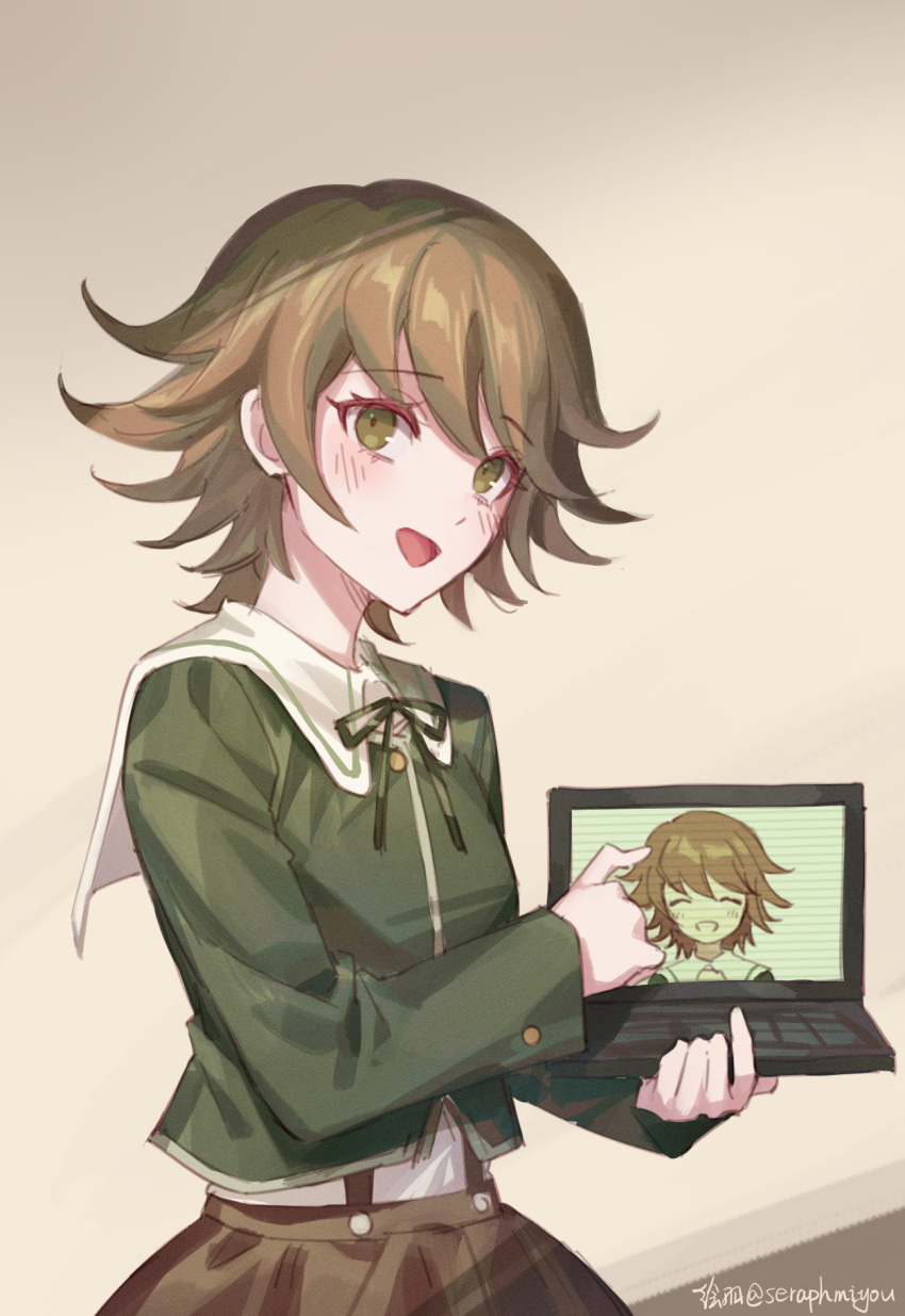 1boy, :d, alter_ego, artist_name, bangs, beige_background, blush, brown_eyes