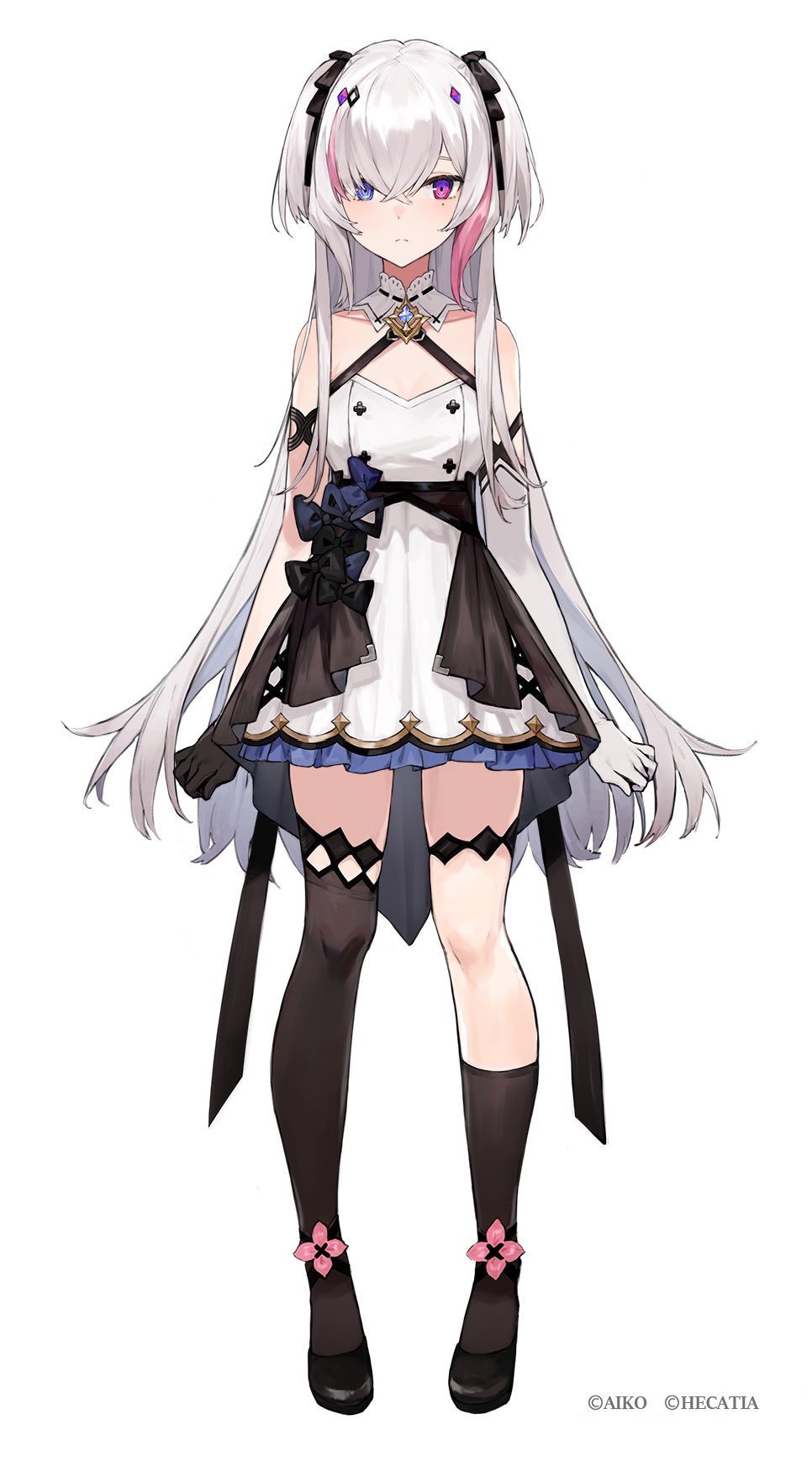 1girl, aiko_(kanl), arm_strap, arms_at_sides, artist_name, asymmetrical_gloves, asymmetrical_legwear, bangs, bare_shoulders, black_bow, black_footwear, black_gloves, black_legwear, black_ribbon, black_skirt, blue_bow, bow, character_name, closed_mouth, collar, crossed_bangs, dress, elbow_gloves, eyebrows_visible_through_hair, full_body, gloves, hair_between_eyes, hair_ornament, hair_over_one_eye, hair_ribbon, hairclip, halterneck, hecatia_(vtuber), heterochromia, highres, indie_virtual_youtuber, long_hair, looking_at_viewer, mismatched_gloves, mole, mole_under_eye, multicolored_hair, official_art, petticoat, pink_hair, ribbon, simple_background, single_elbow_glove, single_thighhigh, skirt, solo, standing, streaked_hair, tachi-e, thigh-highs, thigh_strap, two_side_up, very_long_hair, white_background, white_collar, white_dress, white_gloves, white_hair