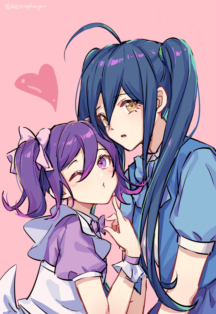2girls, :o, ahoge, artist_name, bangs, black_hair, blue_hair, blush