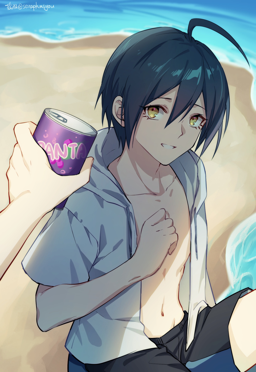 1boy, 1other, ahoge, artist_name, bangs, beach, black_hair, can