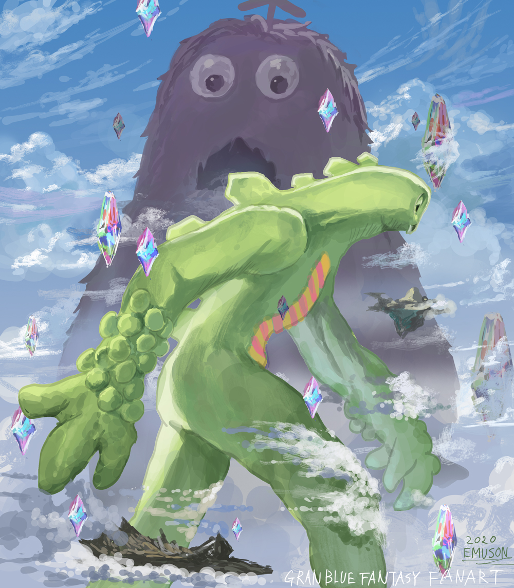 2others, clouds, crystal, emuson, floating_island, gachapin, galleon_(granblue_fantasy), giant