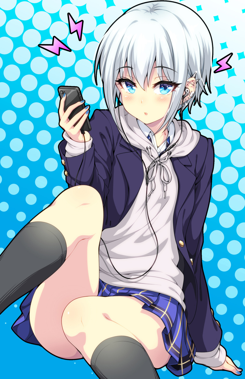 1girl, absurdres, blue_background, blue_eyes, blush, cellphone, collared_shirt, commentary_request, ear_piercing, earphones, earrings, eyebrows_visible_through_hair, highres, holding, holding_phone, hood, hoodie, jewelry, limitedsando, listening_to_music, looking_at_viewer, multiple_piercings, nail_polish, original, otomore_(shashaki), phone, piercing, school_uniform, shirt, short_hair, sidelocks, silver_hair, simple_background, sitting, skirt, smartphone, socks, solo, wire