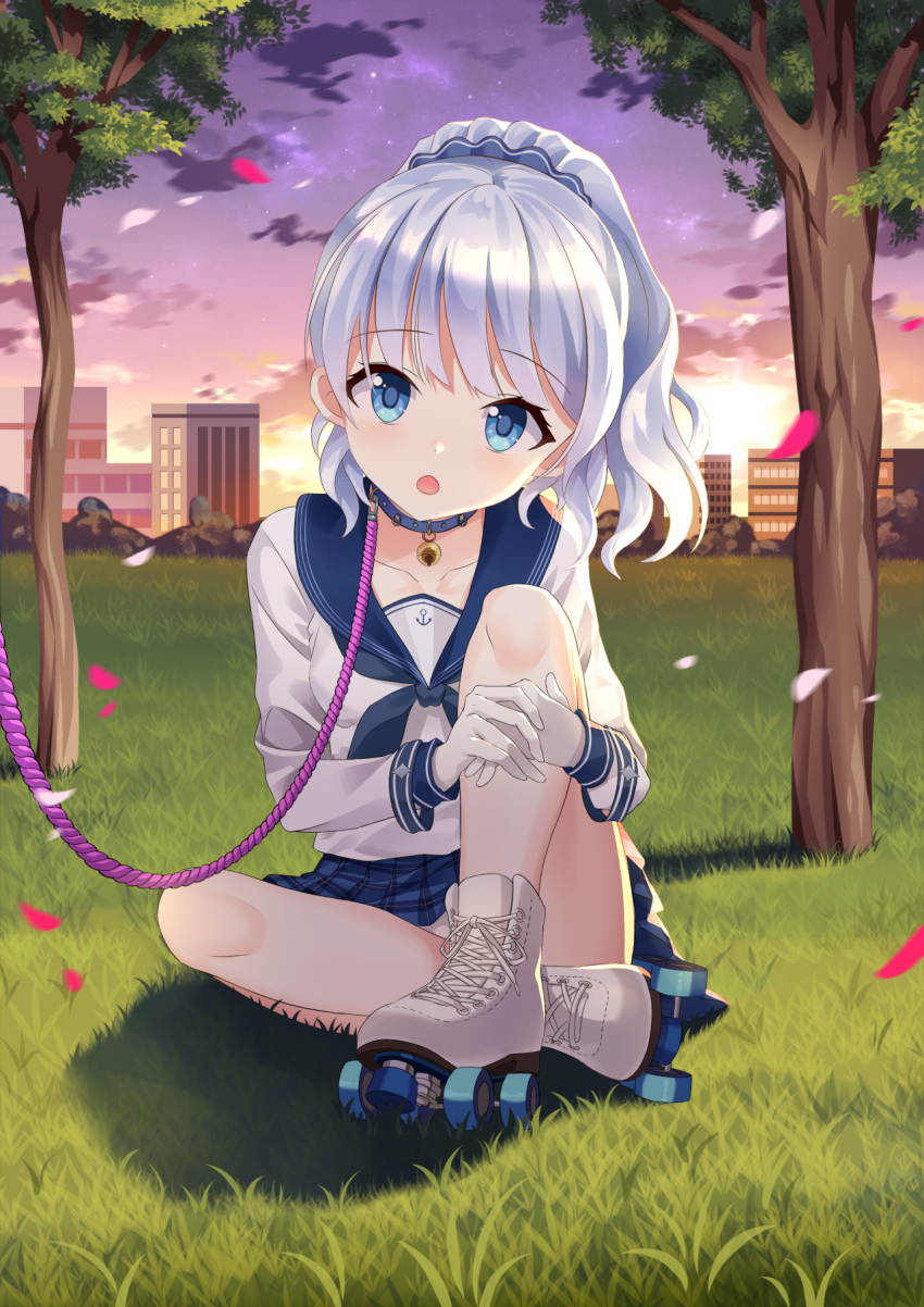 1girl, bell, blue_eyes, blue_skirt, boots, building, cherry_blossoms, chinese_commentary